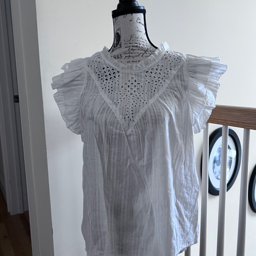 Chenault White Eyelet V-Yoke Ruffle Sleeve Blouse New